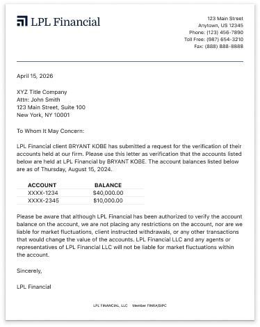 Balance verification letter preview