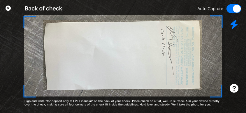 Back of check capture screen