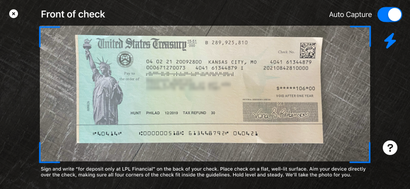 Front of check capture screen